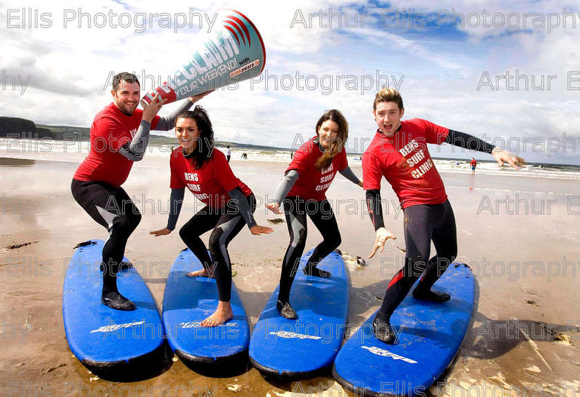 Reclaim Your Weekend Challenge 2 
 150712 No Reproduction Fees
L-R Clare FM DJ Ross O'Donoghue this morning joined Model Lisa Nolan, Caroline Twohig, from TV3s FYI and Stephen Byrne, from RTE's The Juice to take part in the drinkaware.ie " Reclaim Your Challenge Weekend" in Lahinch Co Clare. Over the weekend the group have completed four outdoor advcenture activities, across four counties, with local DJ's from each county joining the challenge at different stages. This morning the group tried their hand at surfing with Bens Surf School lahinch.
Last week drinkaware.ie launched ‘Reclaim Your Weekend’ a campaign which focuses on our style of drinking in Ireland. We’re drinking 20% less overall compared with a decade ago and we’re drinking less often, but when we drink, we drink too much and too fast. ‘ReclaimYourWeekend.ie’ has been created as a practical application to encourage and motivate people to pace their drinking on a Friday or Saturday night and in return enjoy doing something with friends or family the following day rather than doing nothing but nursing a hangover. ReclaimYourWeekend.ie offers information on things to do and places to go that cost nothing at all, as well as exclusive, attractively priced deals on events and activities across Ireland. ReclaimYourWeekend.ie also offers links to handy hints and tips on how to pace your drinking.

Pic Arthur Ellis.