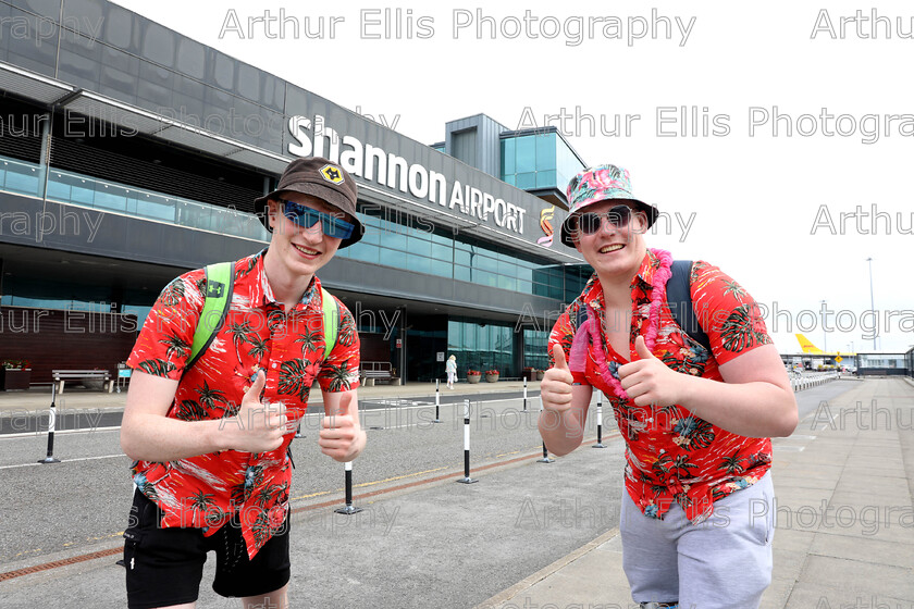 Ryanair-Corfu-1 
 REPRO FREE
Tuesday 3 rd August ‘21: There was a festive atmosphere at Shannon Airport today as the inaugural
Ryanair Corfu service prepared to take flight. The new route to the popular Greek Island will operate
twice weekly on Tuesdays and Fridays until the end of October.
This is the first of two new services due to take off from the airport within a week, a new weekly
Ryanair service to Gran Canaria begins this Saturday 7 th August.
Passengers on the first Corfu bound flight enjoyed a pre-departure reception in the airport’s transit
lounge which was decorated in festive style.
To celebrate the new routes, the airport gave one lucky passenger a special surprise, return flight
tickets for two people to a choice of one of Shannon Airport’s 17 exciting destinations.
A special water cannon salute by the airport’s fire service added an extra sense of occasion as airport
staff welcomed passengers and looked after them throughout their time in the airport.
Welcoming the new air services Mary Considine, CEO, Shannon Group, which owns and manages
Shannon Airport said: “The global pandemic has had a huge impact on all our lives and being able to
once again welcome our passengers as they take to the skies bound for sun drenched holiday
destinations is really wonderful.
Pictured before checking in at shannon airport are Cillian Kennedy and Evan Barrett, Raheen Co Limerick. Pic Arthur Ellis.